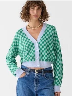 J. Crew Green Checkerboard Cropped V-Neck Cardigan XS